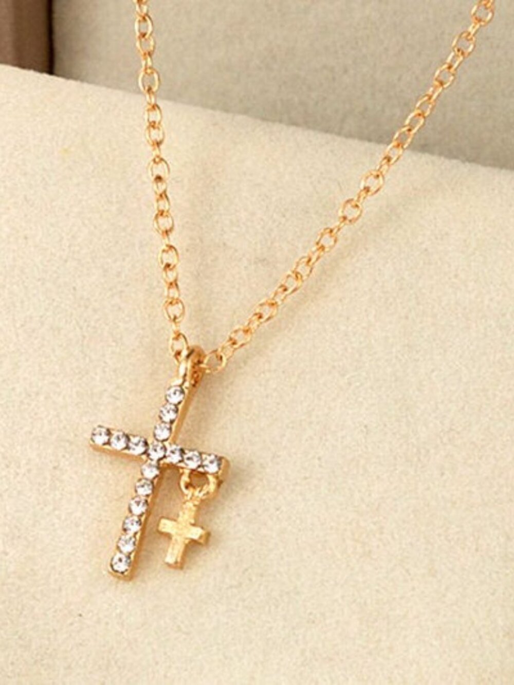 Gold Rhinestone Double Cross Pendant Necklace Christian Faith Jesus Jewelry